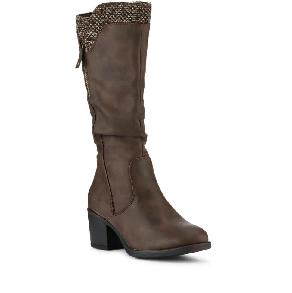 Fabric-Cuff Block-Heeled Long Boots - Brown