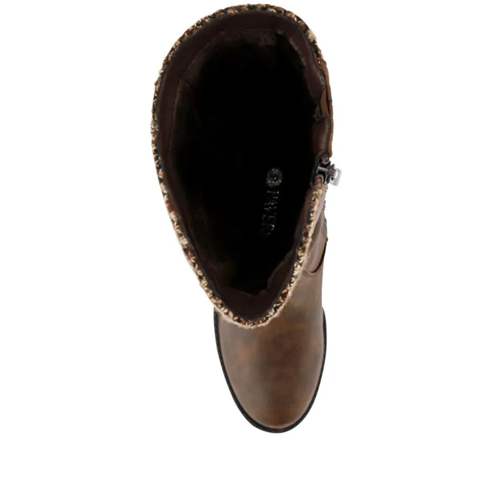 Fabric-Cuff Block-Heeled Long Boots - Brown