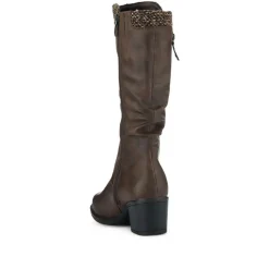 Fabric-Cuff Block-Heeled Long Boots - Brown