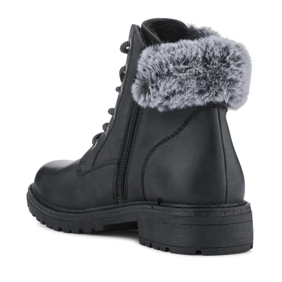 Faux Fur Cuff Lace Up Ankle Boots - Black