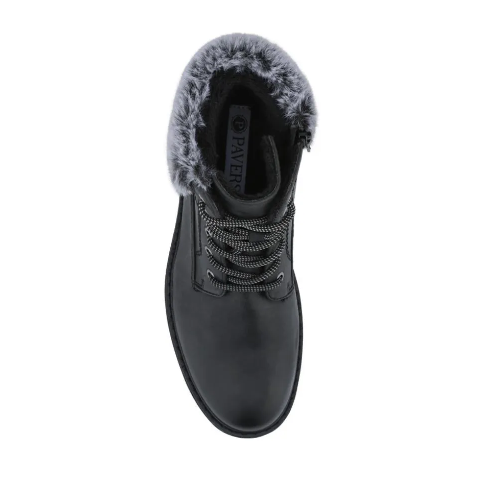 Faux Fur Cuff Lace Up Ankle Boots - Black