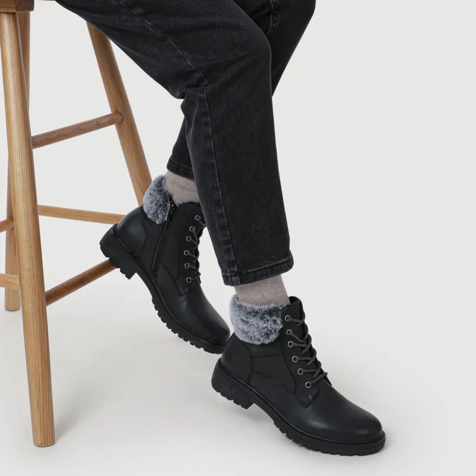 Faux Fur Cuff Lace Up Ankle Boots - Black