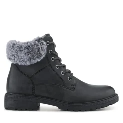 Faux Fur Cuff Lace Up Ankle Boots - Black