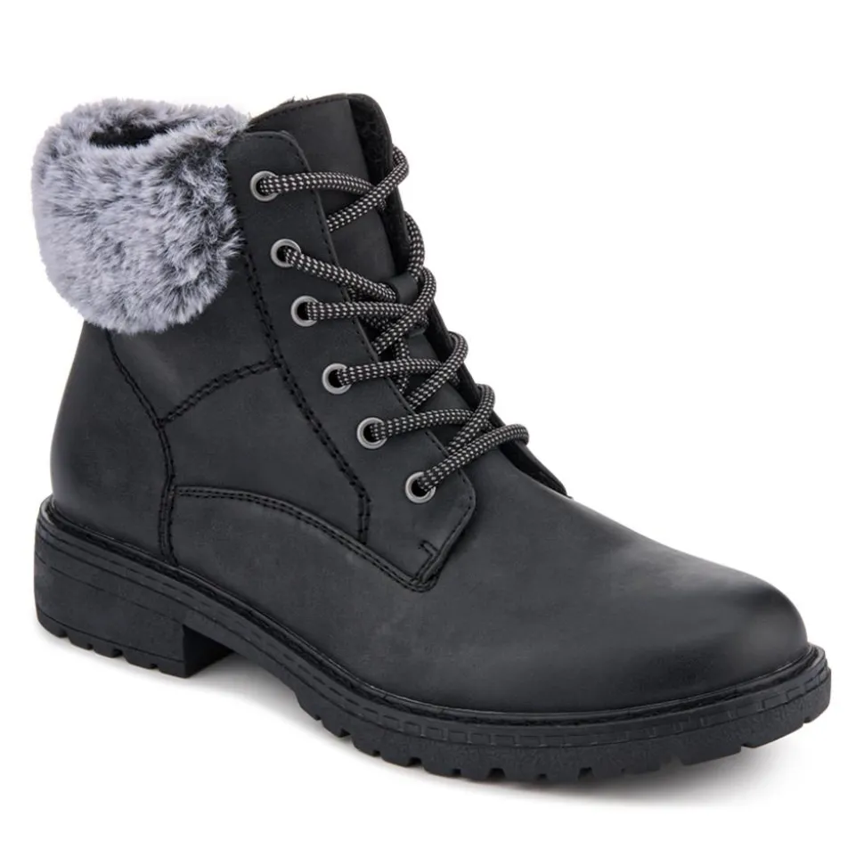 Faux Fur Cuff Lace Up Ankle Boots - Black