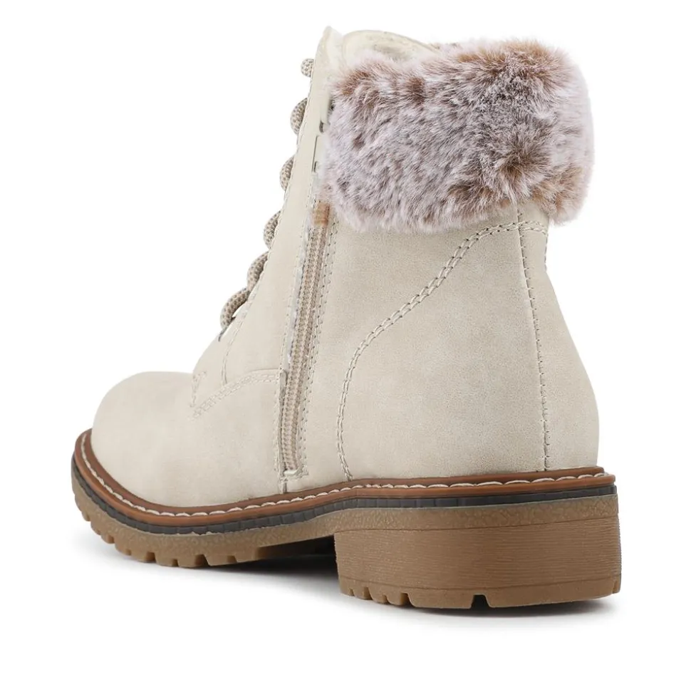 Faux Fur Cuff Lace Up Ankle Boots - Off White