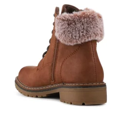 Faux Fur Cuff Lace Up Ankle Boots - Tan