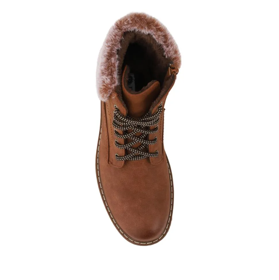 Faux Fur Cuff Lace Up Ankle Boots - Tan