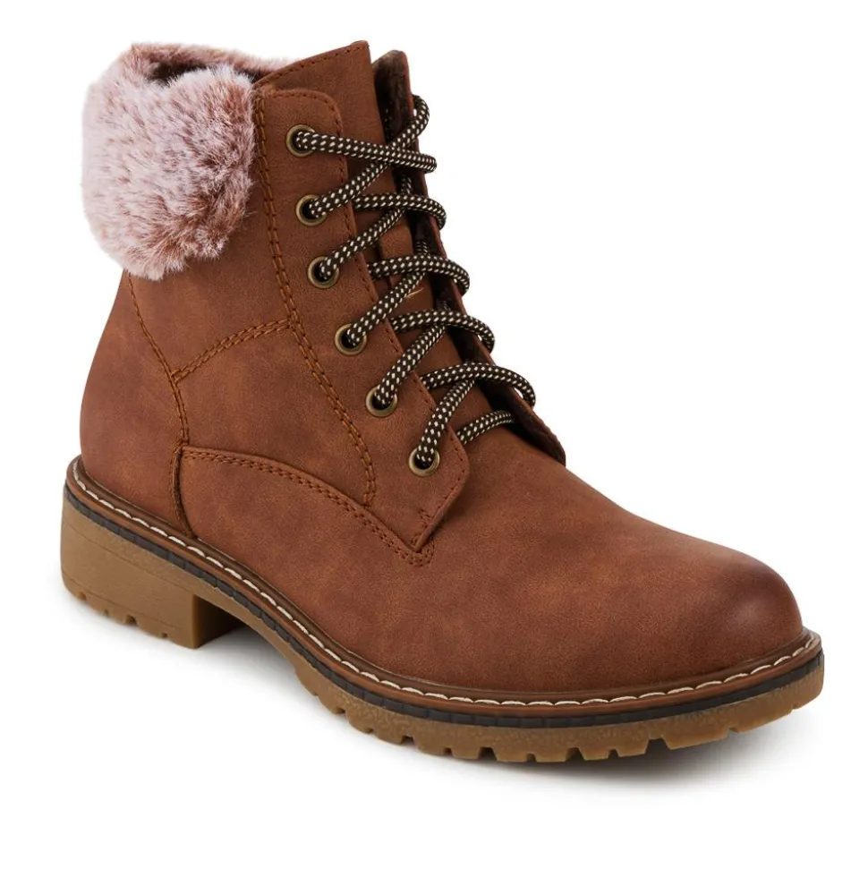 Faux Fur Cuff Lace Up Ankle Boots - Tan