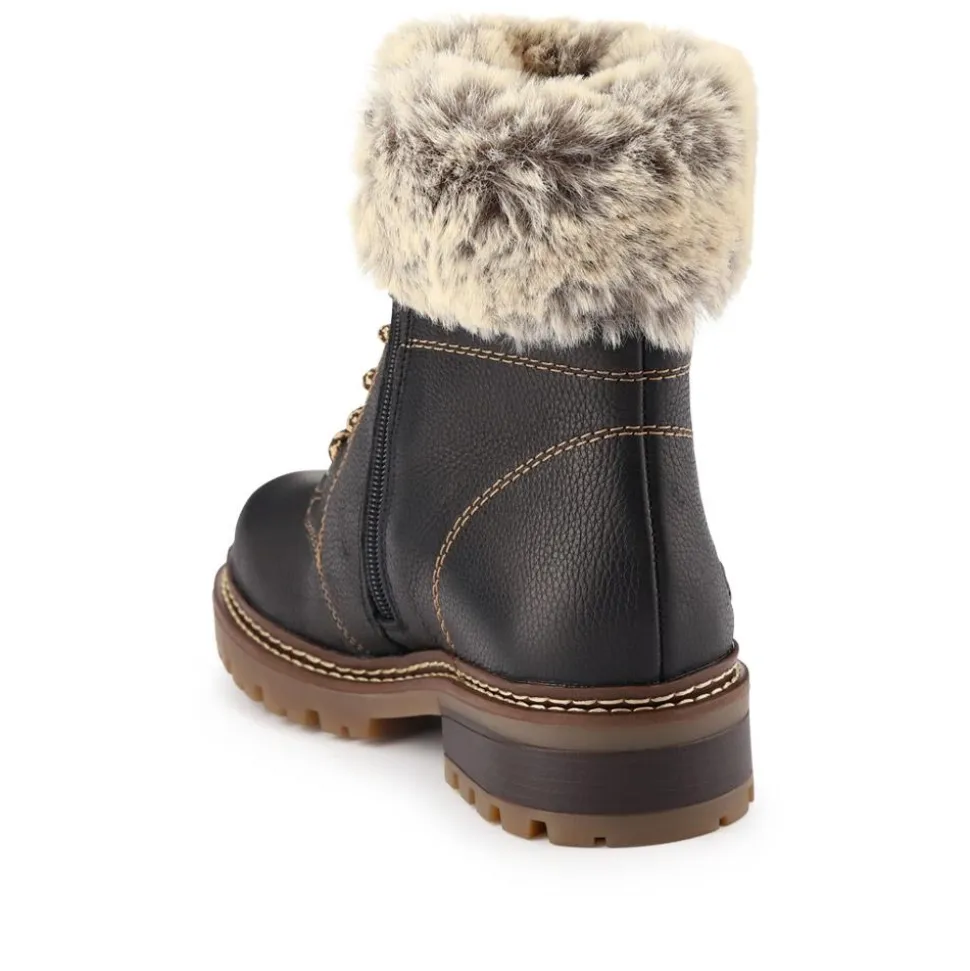 Faux-Fur-Cuff Leather Walking Boots - Black