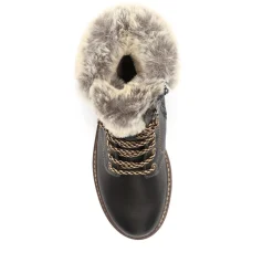 Faux-Fur-Cuff Leather Walking Boots - Black