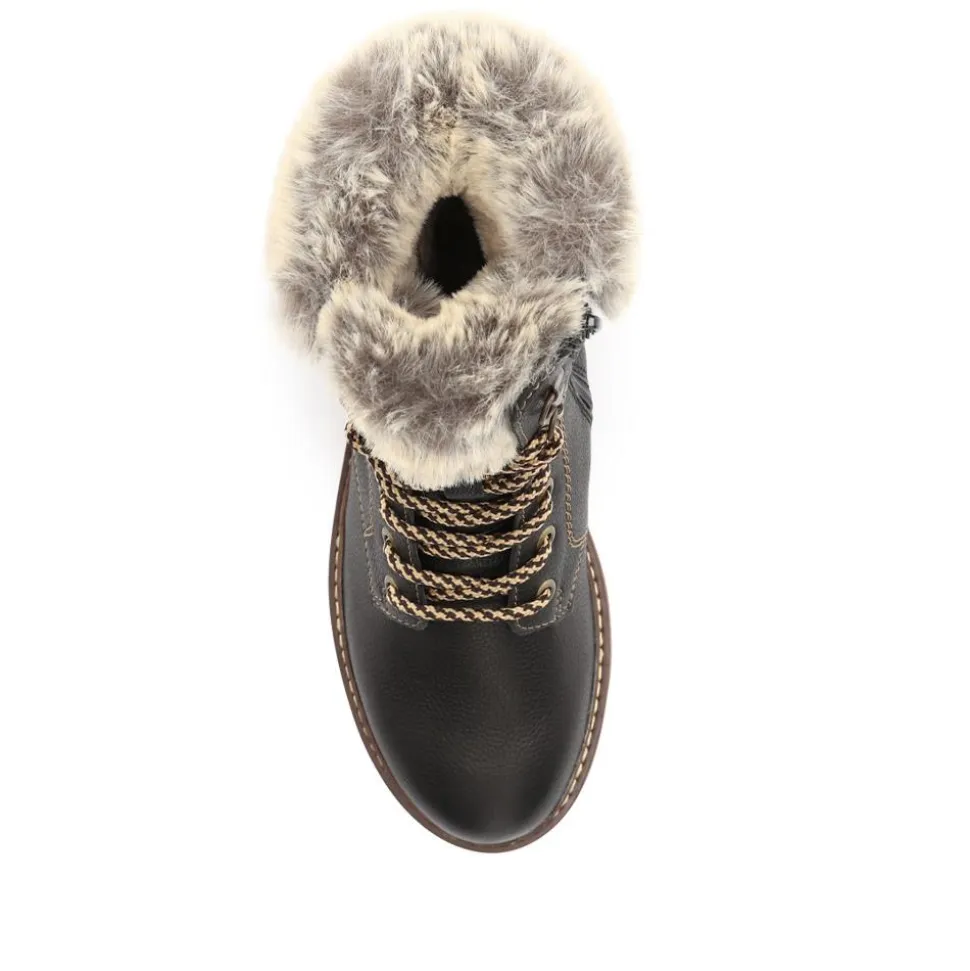 Faux-Fur-Cuff Leather Walking Boots - Black