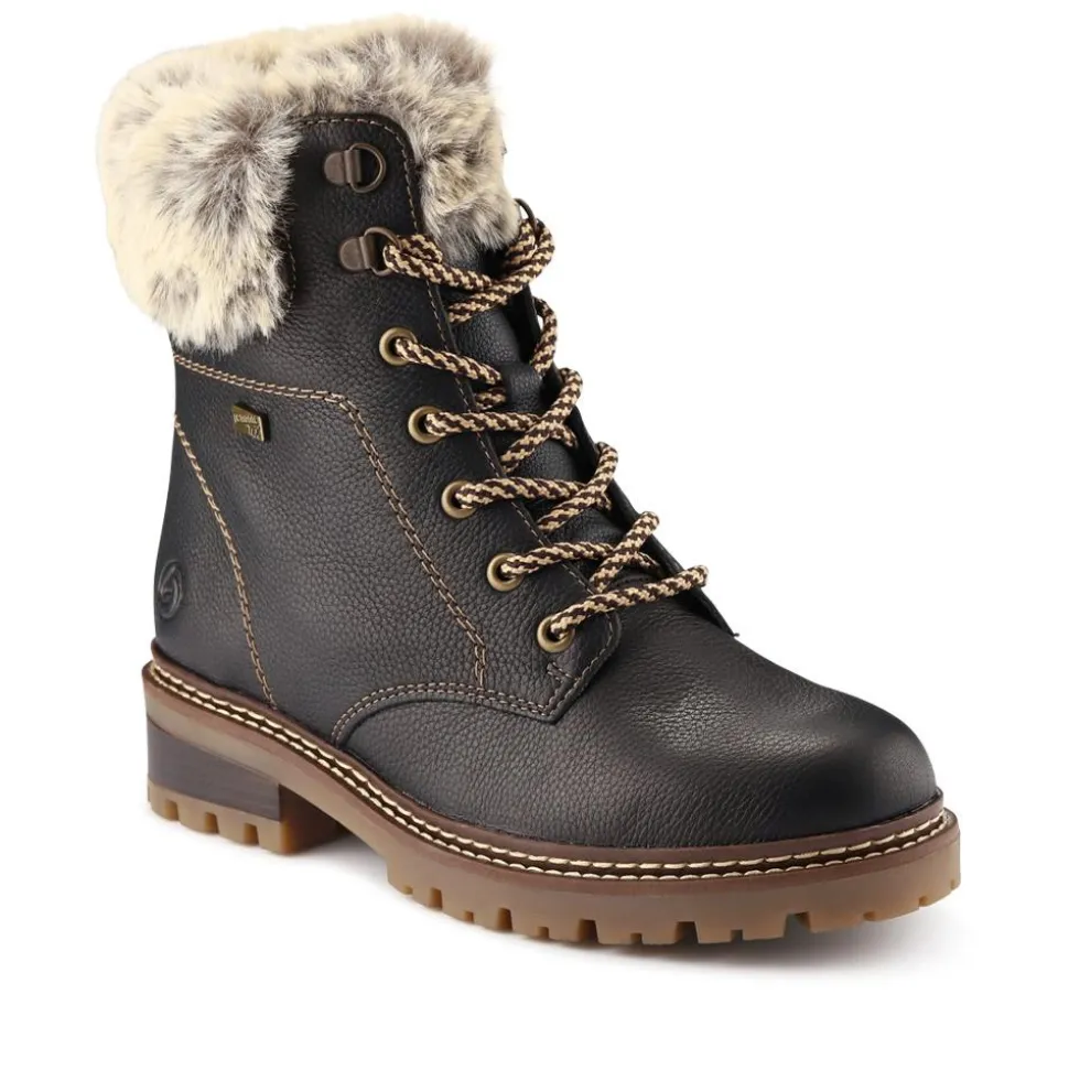 Faux-Fur-Cuff Leather Walking Boots - Black