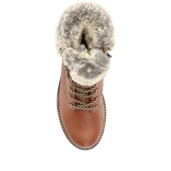 Faux-Fur-Cuff Leather Walking Boots - Tan