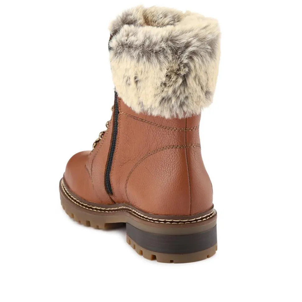 Faux-Fur-Cuff Leather Walking Boots - Tan