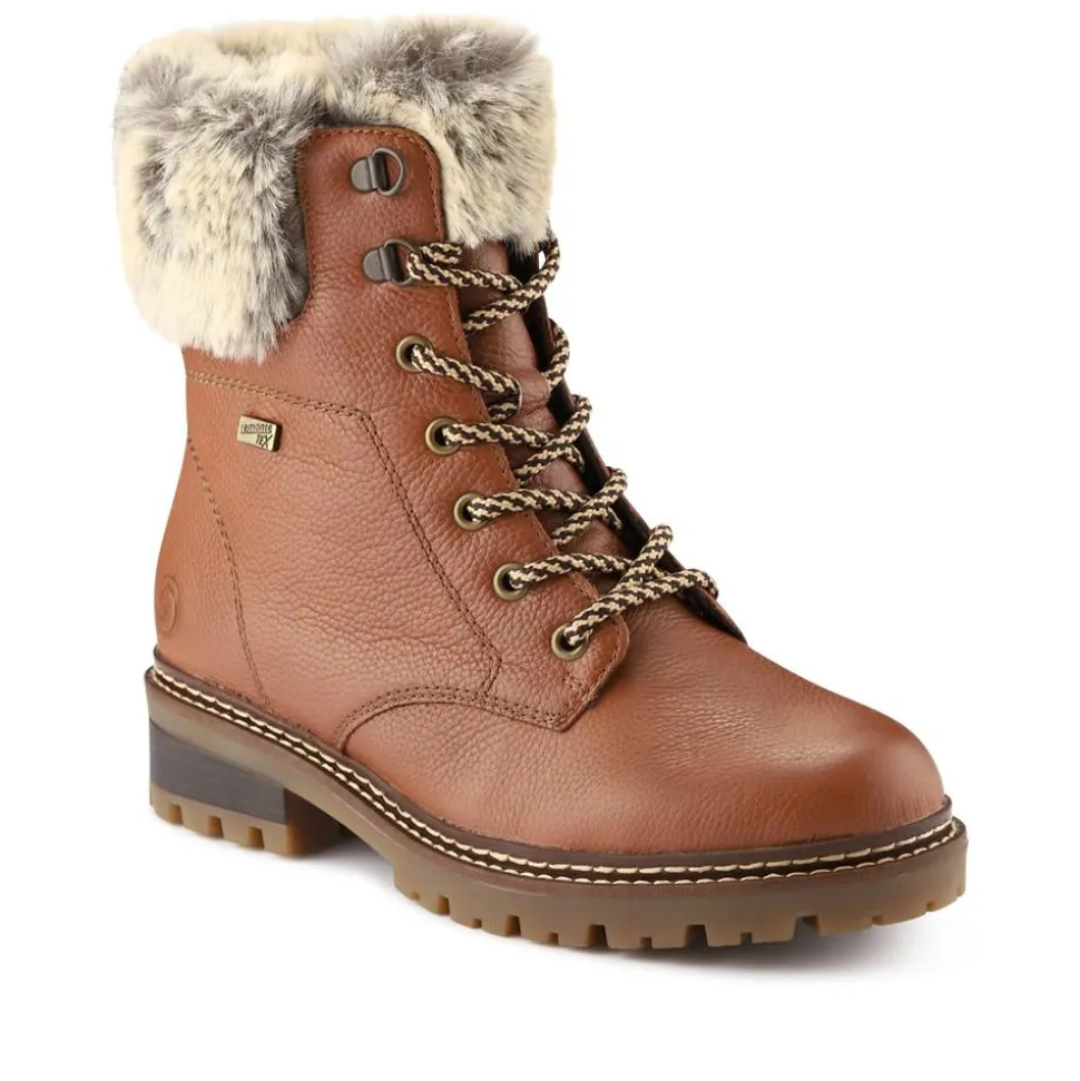 Faux-Fur-Cuff Leather Walking Boots - Tan