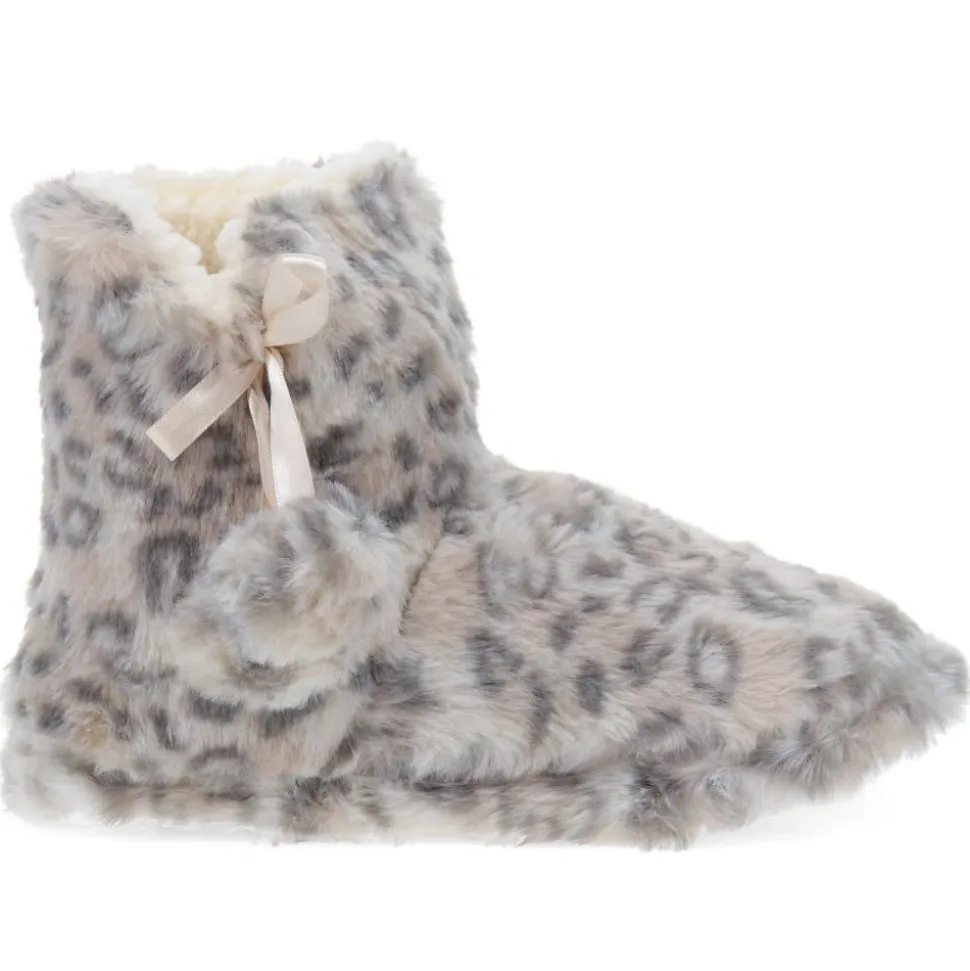 Faux-Fur Slipper Booties - Grey Leopard