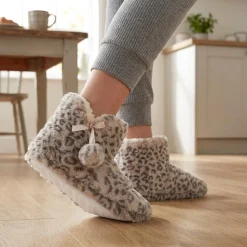 Faux-Fur Slipper Booties - Grey Leopard