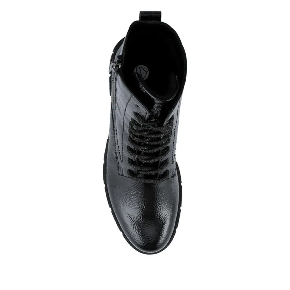 Faux Leather Lace-Up Boots - Black Patent