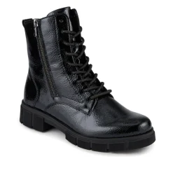 Faux Leather Lace-Up Boots - Black Patent