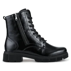 Faux Leather Lace-Up Boots - Black Patent