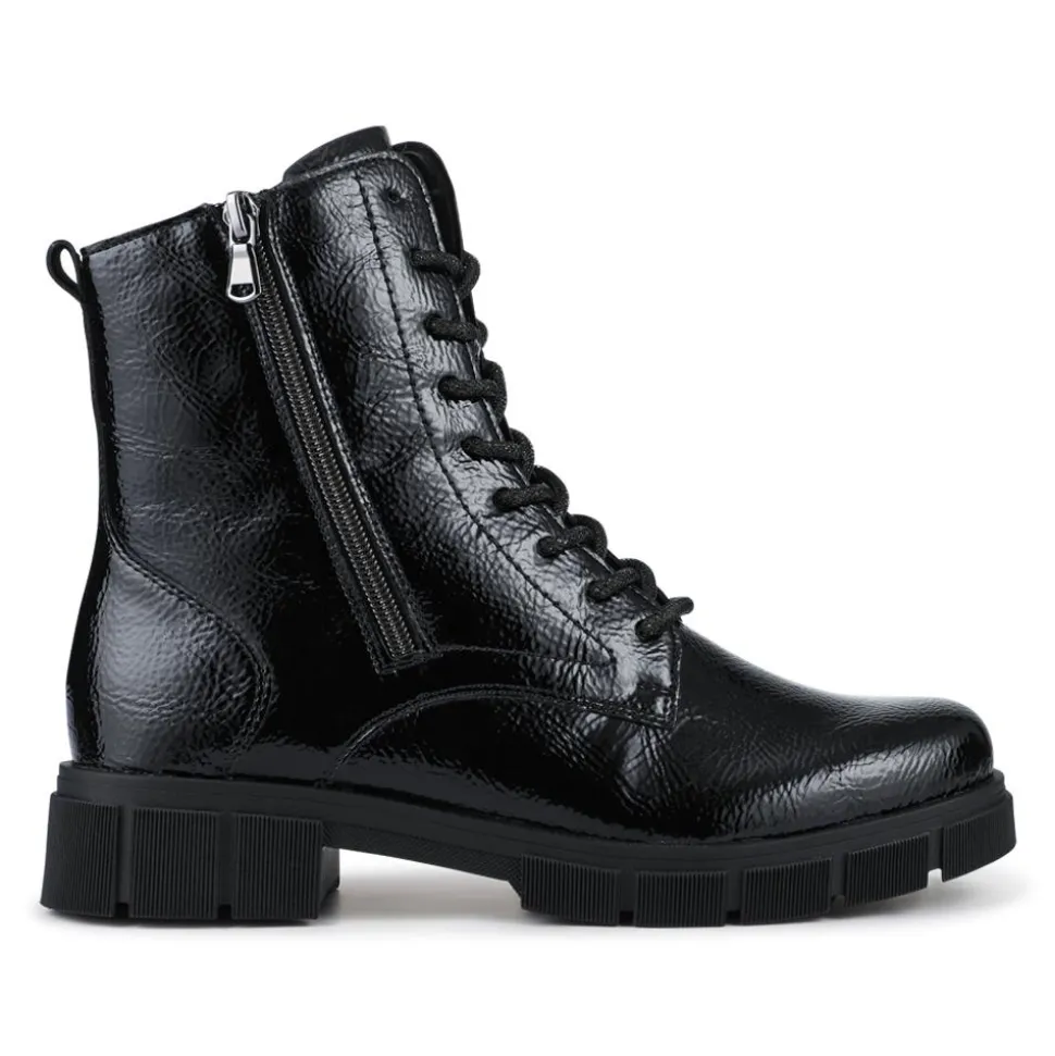 Faux Leather Lace-Up Boots - Black Patent
