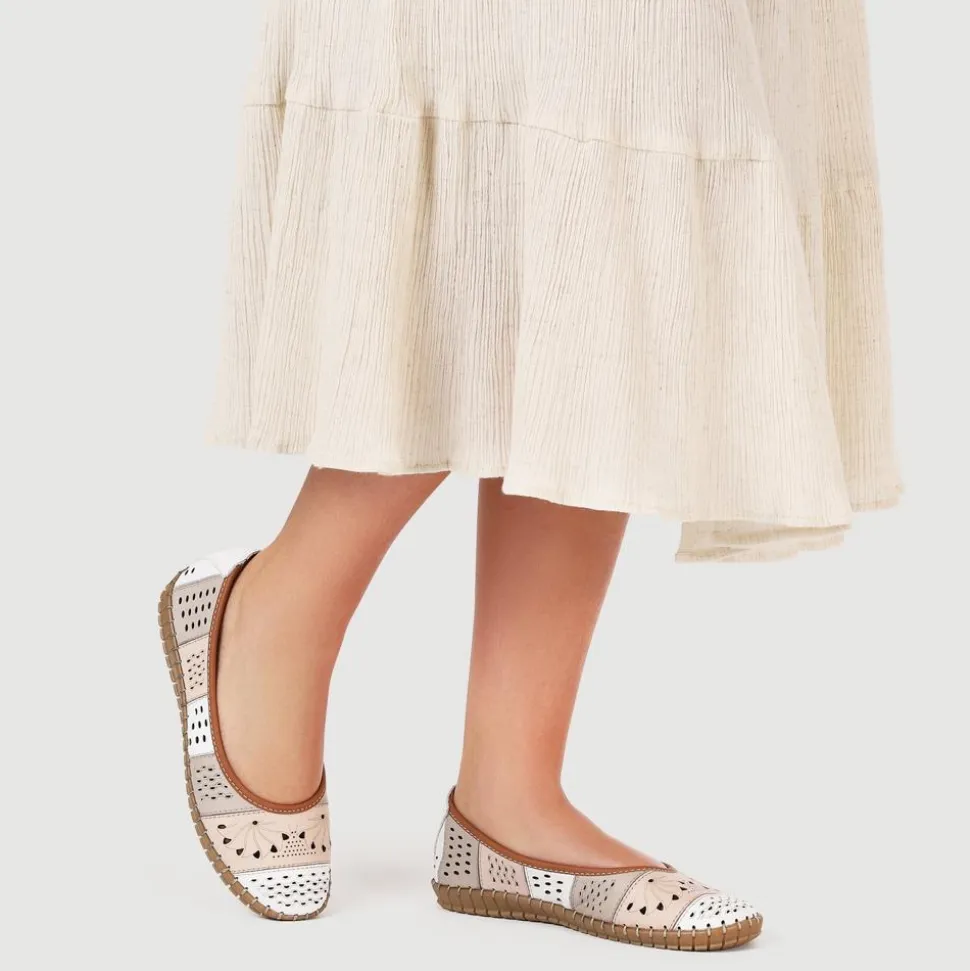 Flat Leather Ballerina Shoes - Natural Multi