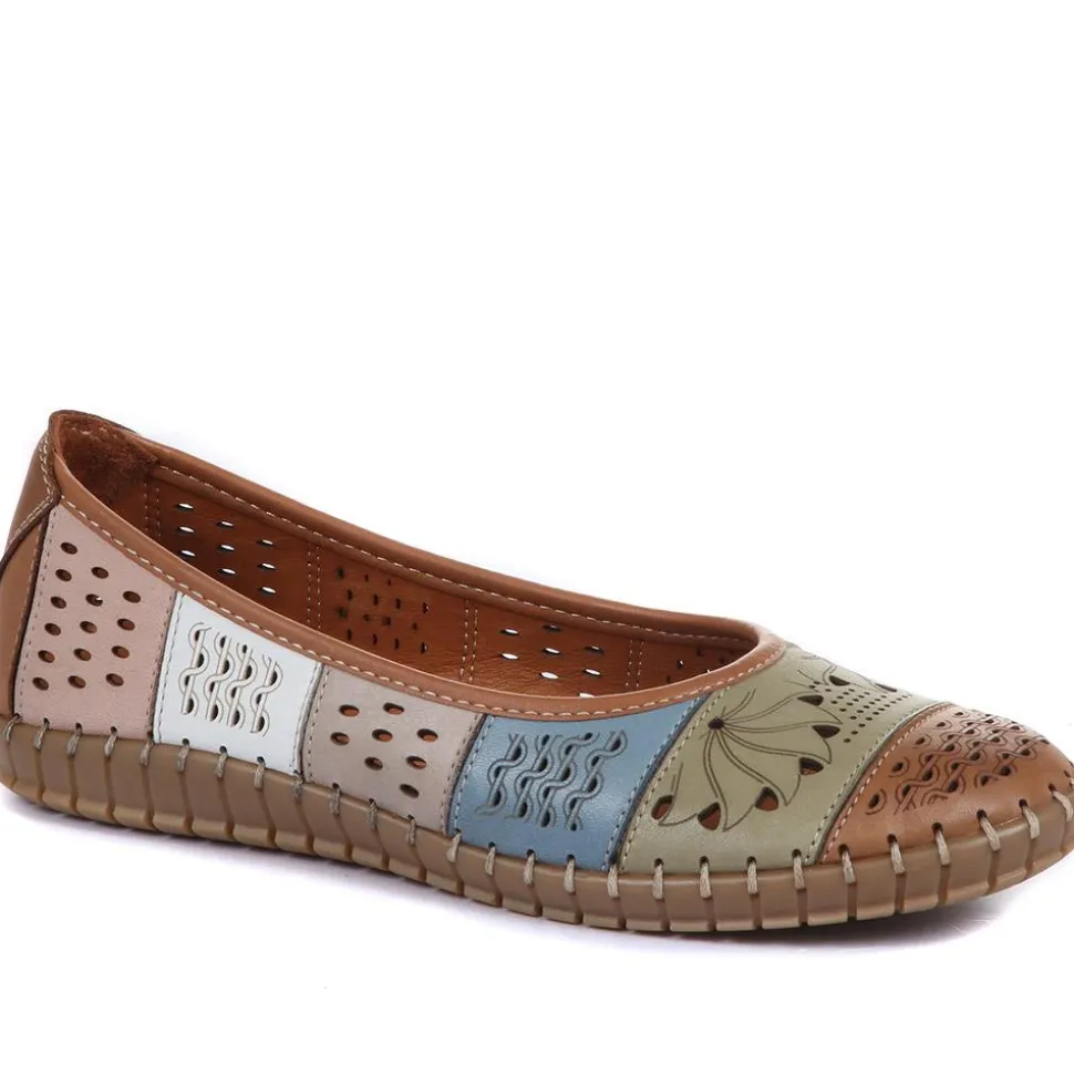 Flat Leather Ballerina Shoes - Tan Multi