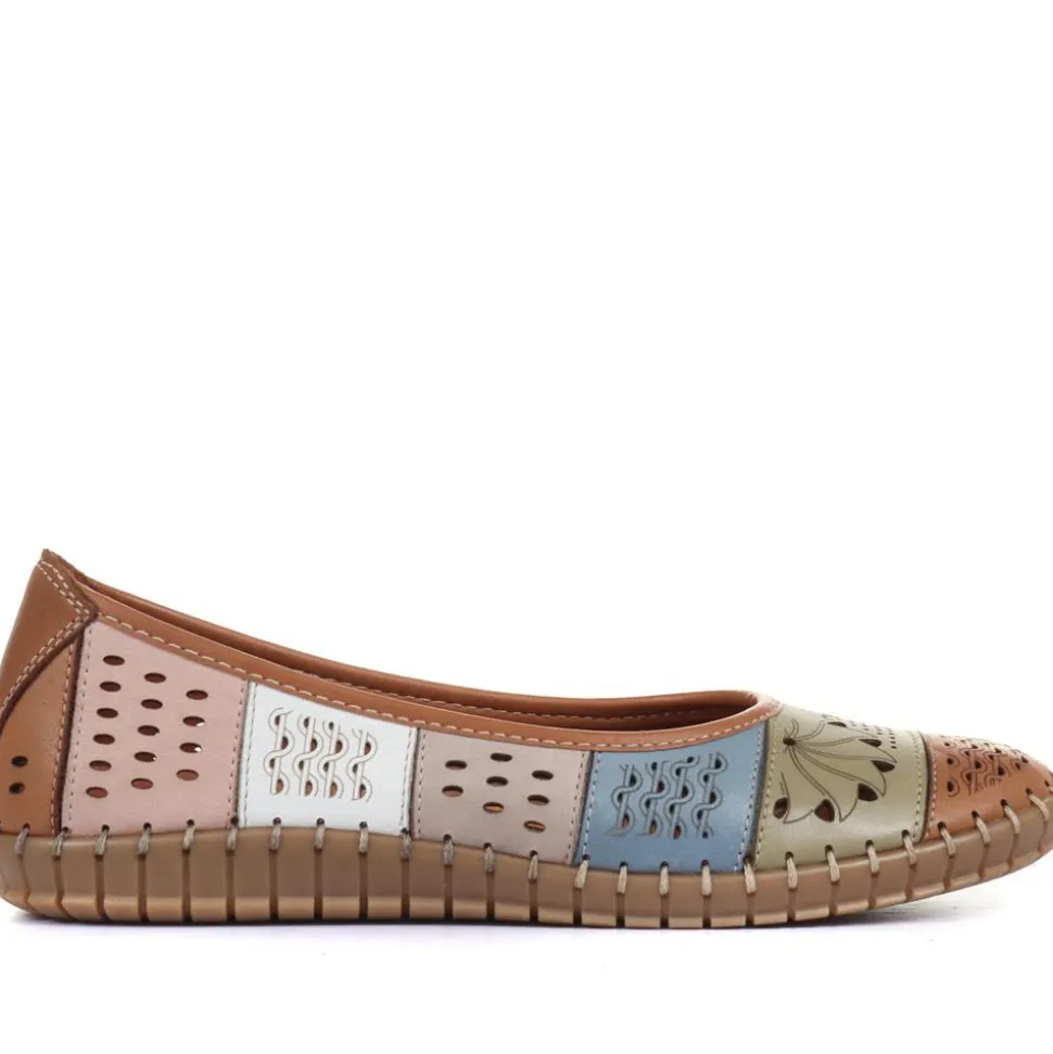 Flat Leather Ballerina Shoes - Tan Multi