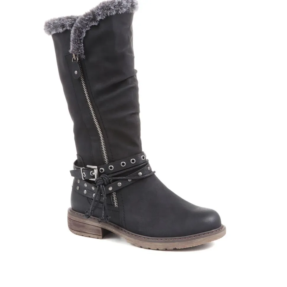 Fleece Lined Buckle Detail Boots - Black