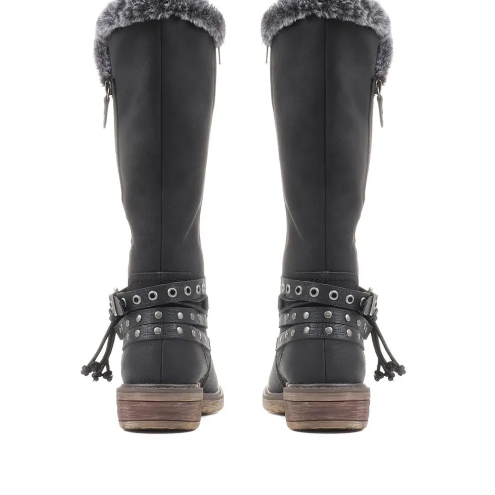 Fleece Lined Buckle Detail Boots - Black