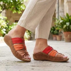 Flexible Triple Bow Cushioned Sandals - Tan-Red