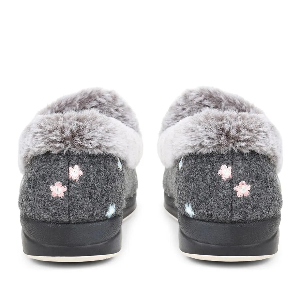 Floral Faux-Fur Slippers - Grey Floral
