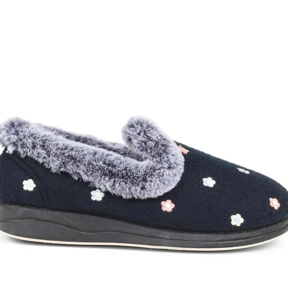 Floral Faux-Fur Slippers - Navy Floral
