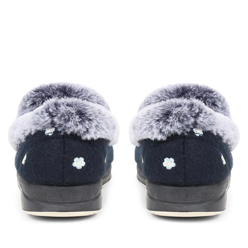 Floral Faux-Fur Slippers - Navy Floral