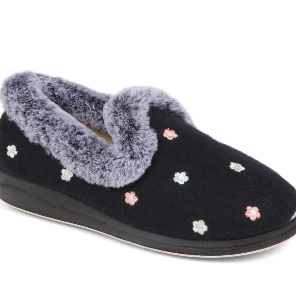 Floral Faux-Fur Slippers - Navy Floral