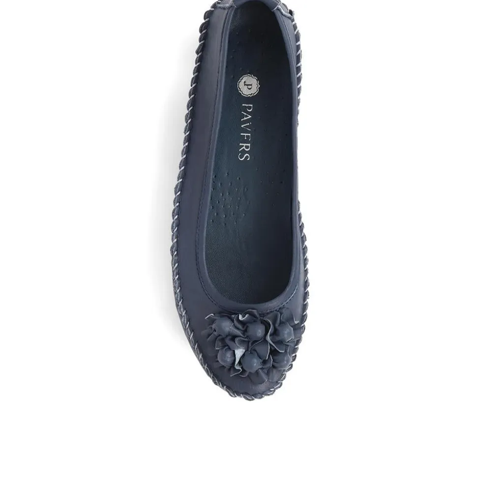 Floral Leather Ballet Pumps - Navy