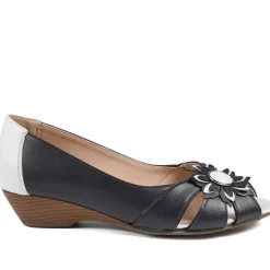 Flower Detail Peep Toe Wedge Pumps - Navy - White