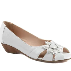 Flower Detail Peep Toe Wedge Pumps - Silver