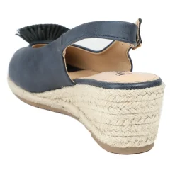 Flower Detail Peep Toe Wedge Sandals - Navy
