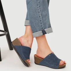 Fly Flot Leather Wedge Heeled Mules - Blue