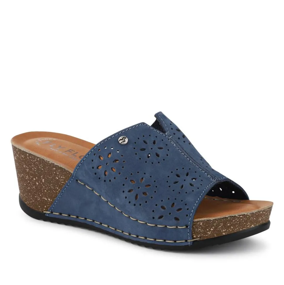 Fly Flot Leather Wedge Heeled Mules - Blue