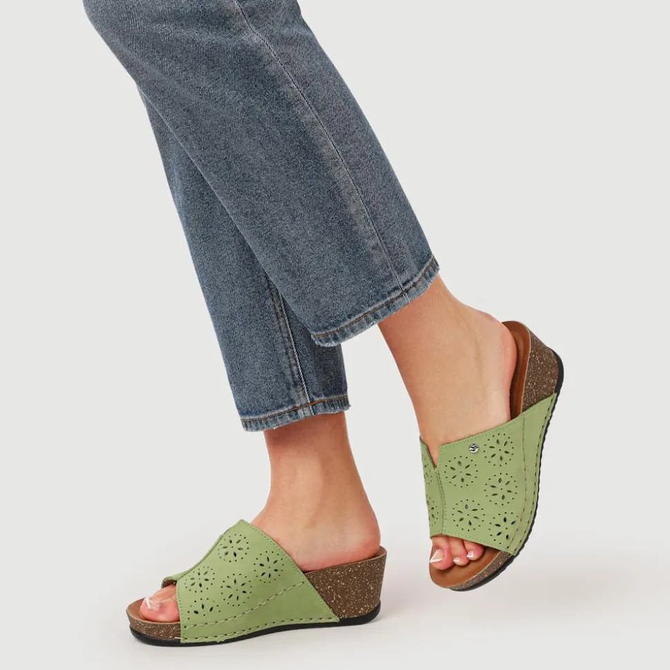 Fly Flot Leather Wedge Heeled Mules - Green