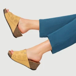 Fly Flot Leather Wedge Heeled Mules - Yellow