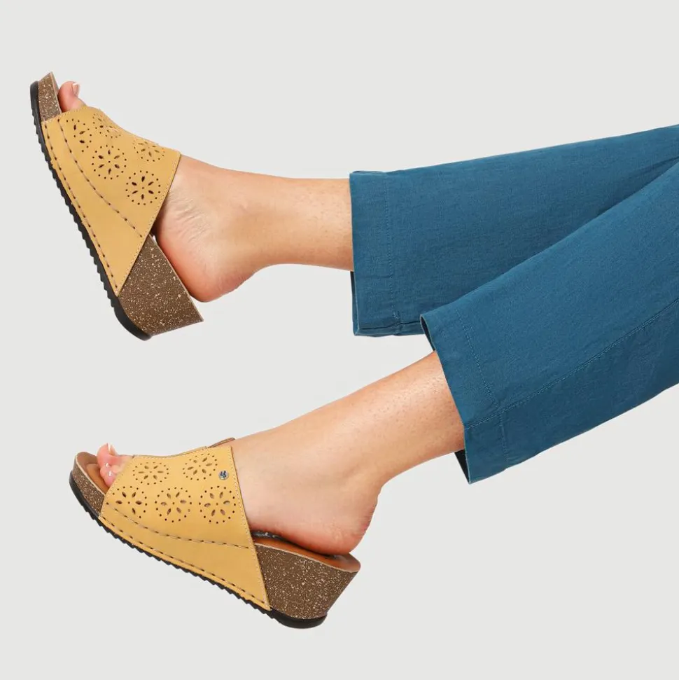 Fly Flot Leather Wedge Heeled Mules - Yellow