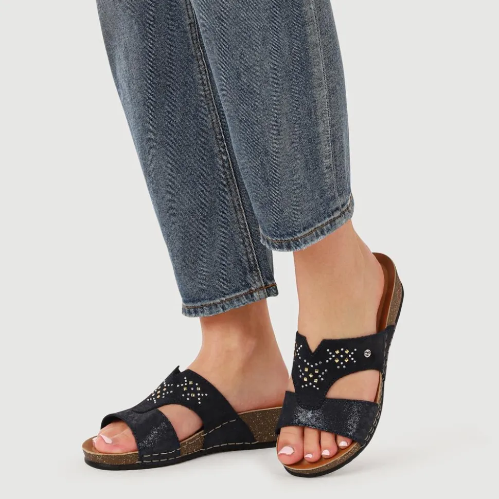 Fly Flot Shock Absorbing Leather Wedge Mules - Blue
