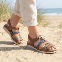 Fly Flot Touch Fasten Leather Sandals - Tan Multi
