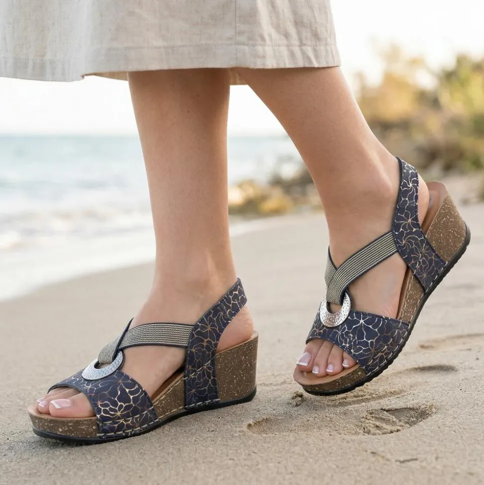 Fly Flot Wedge Heel Slingback Sandals - Navy
