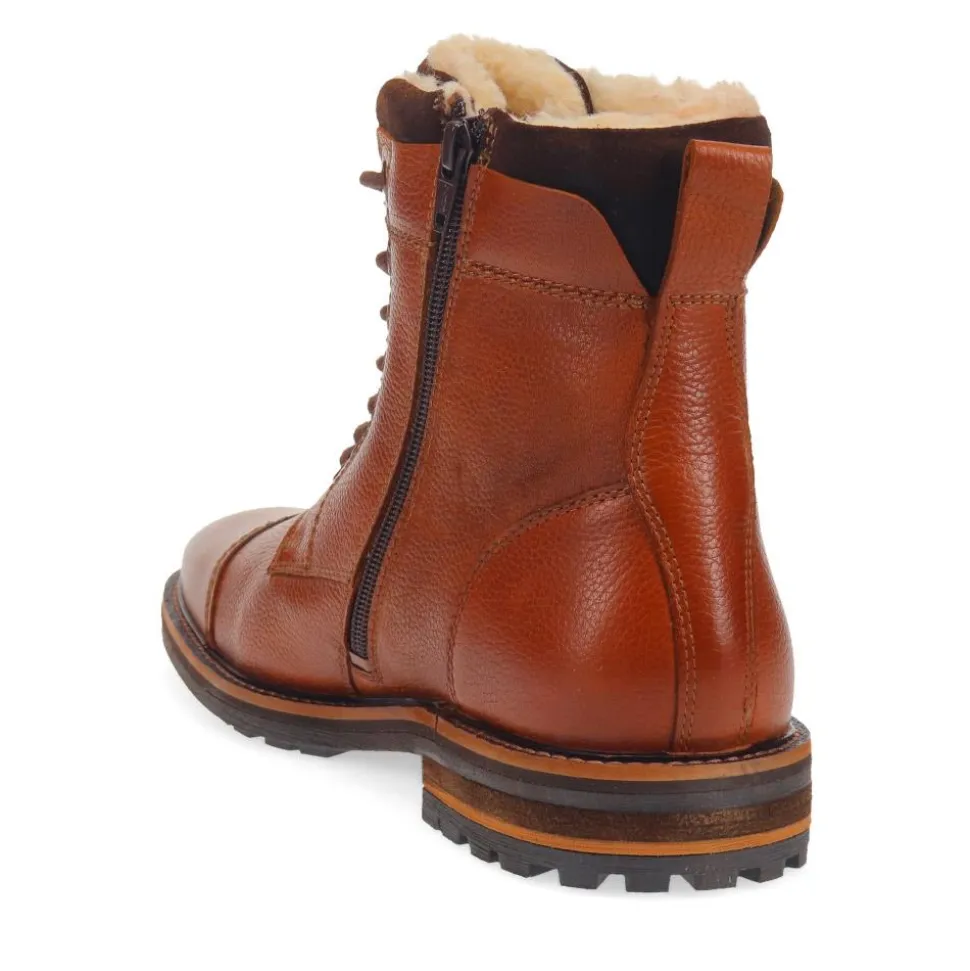 Fur-Cuffed Lace-Up Boots - Brown