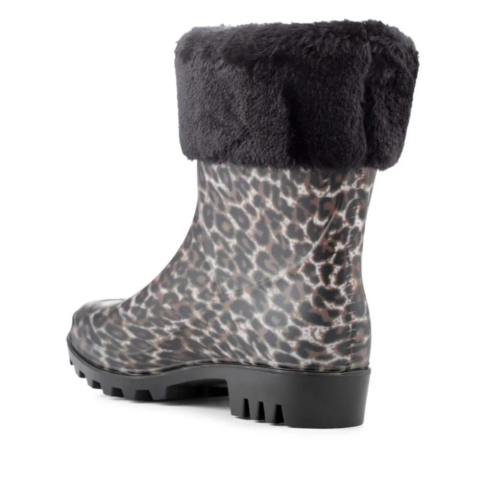 Fur Cuff Warm Lined Ankle Wellies - Leopard