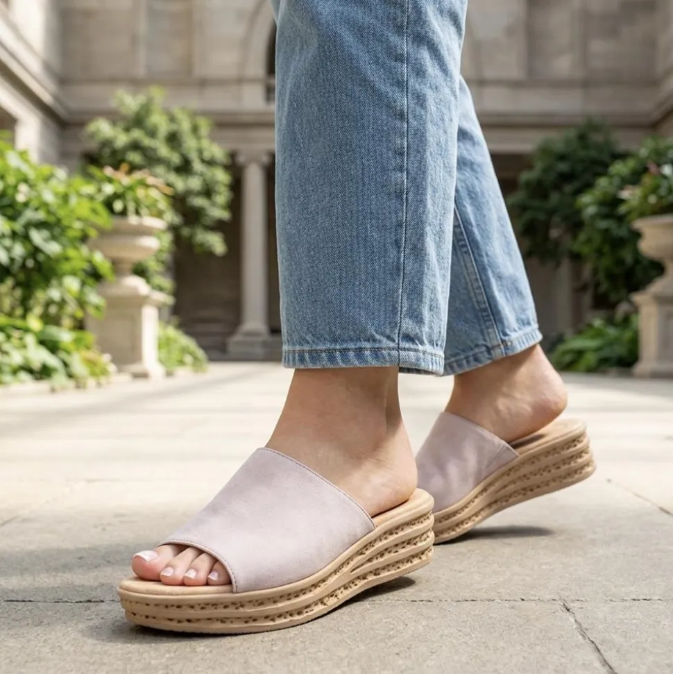 Gabor Leather Wedged Mule Sandals - Taupe